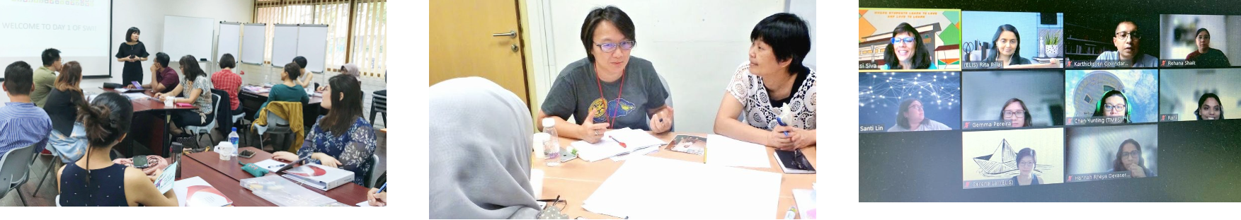 Three scenes: a classroom lecture, two women discussing at a table, and a video call with multiple participants.
